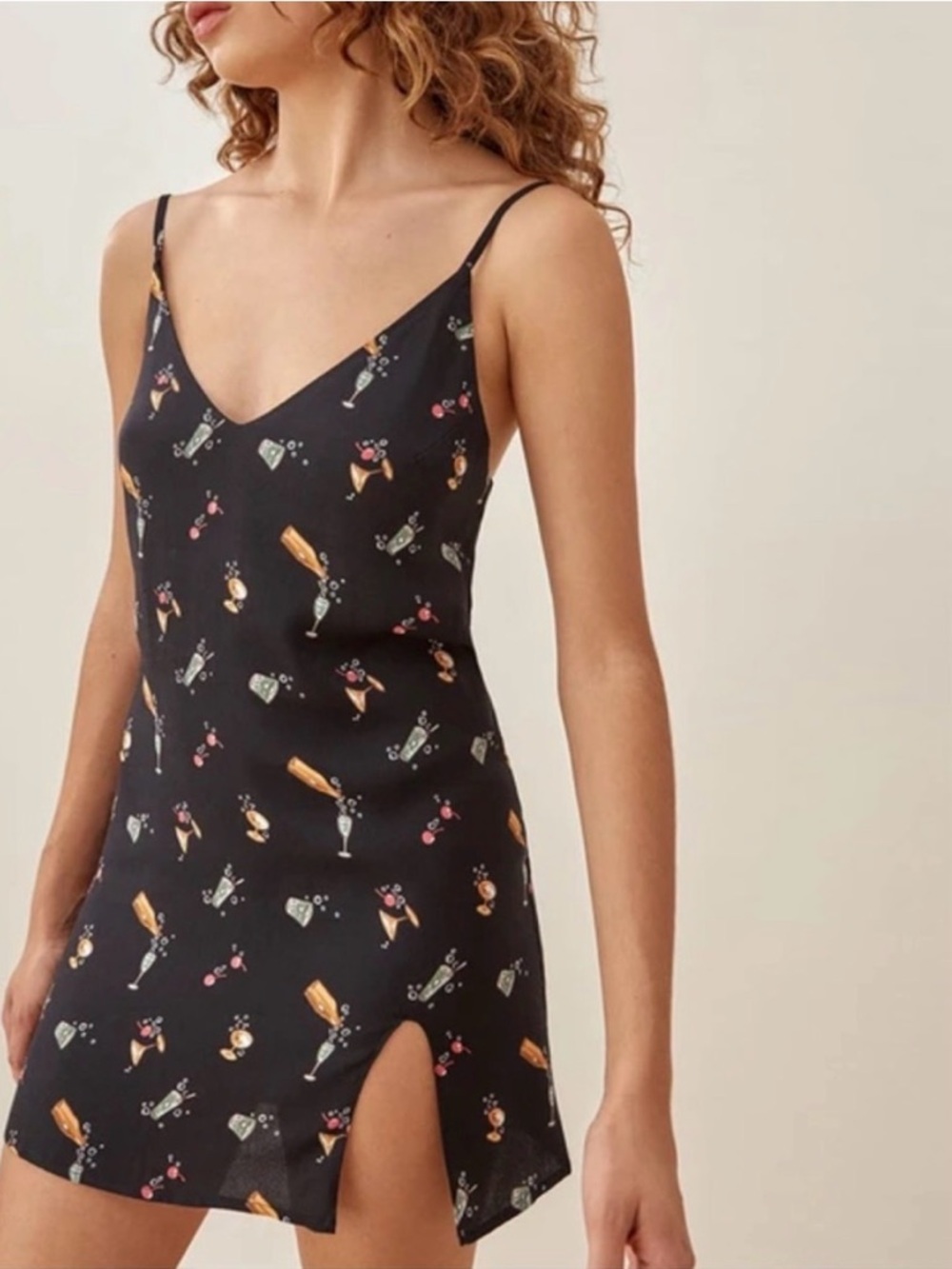 Reformation Black Slip Dress with Champagne & Cocktail Print XL